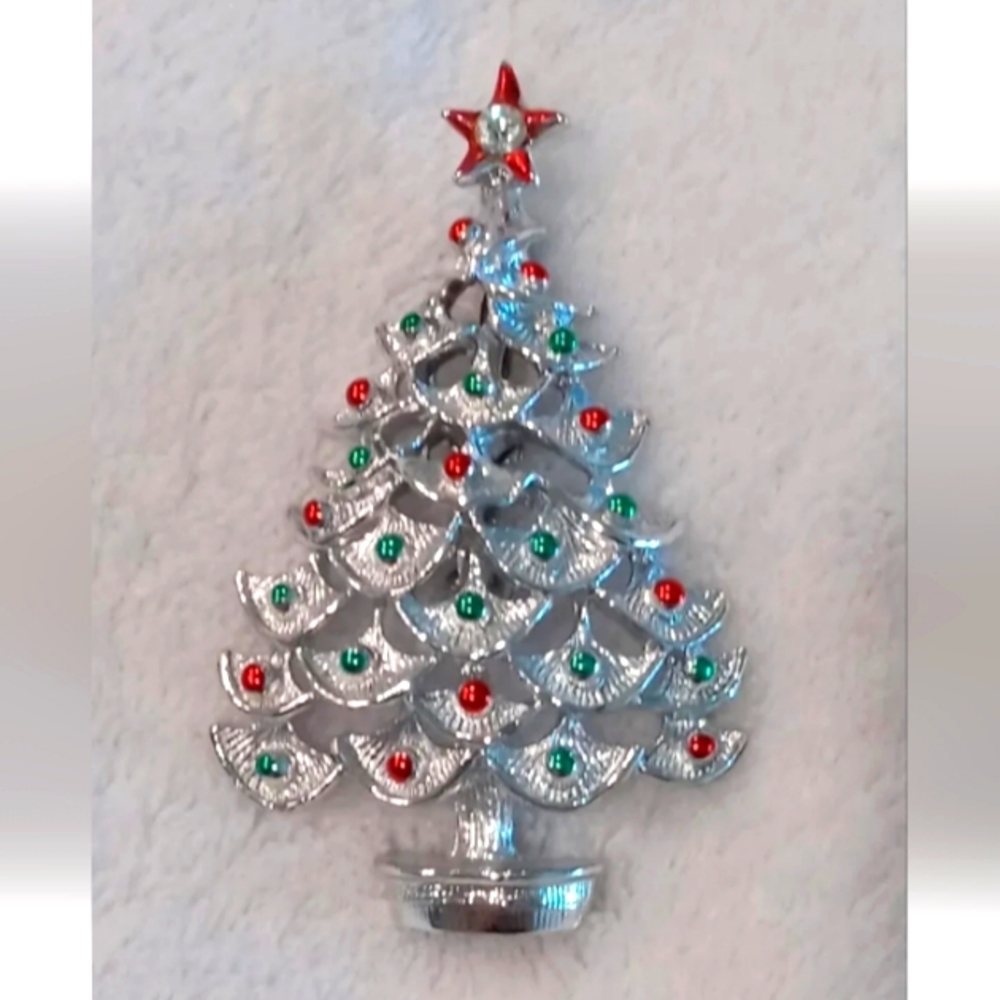 Vtg Silver Tone Christmas Tree Brooch Pin Red Green Beads Holiday Pin